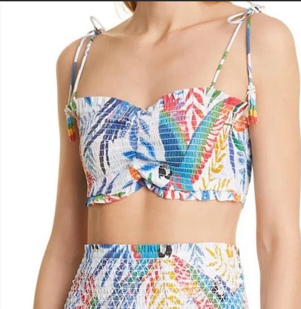 Farm Rio Macaw Wind Ruched Tropical Print Crop Top L